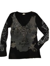 Top vintage Y2K gotico fata grunge ali incrociate grafica bling taglia XL nero costina