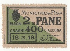 MUNICIPIO DI PISA. BUONO  RAZIONI 2 DI PANE GRAMMI 400 CIASCUNA    1919
