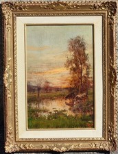 Giovanni Rava (Alba CN  1874- Agliè TO 1944) Mucche allo stagno), olio su tavola