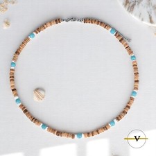 COLLANA UOMO SURFISTA LEGNO DI COCCO PIETRE TURCHESI AGGANCIO IN METALLO 42+6 CM