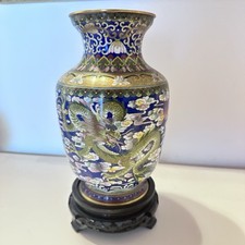 ANTICO VASO CLOISONNE SMALTO FONDO BLU DECORO DRAGONE CHINA VINTAGE 23 Cm/H