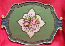 Vassoio in legno pregiato decorato con base in stoffa lavorato a mano  anni 60 