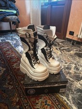 Demonia Cult Boots SHAKER-70 White Vegan Leather-Blk Fishnet