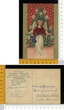 V3039] BUON NATALE  ABETE CON CANDELE E ANGELO CON VESTITO ROSSO BIANCO -RILIEVO