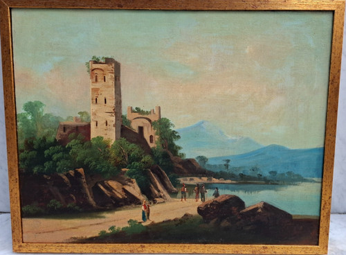 Dipinto lago con castello - lago,
