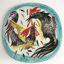 LOTTA TRA GALLI PIATTO DA PARATA CERAMICA PENSILE VINTAGE  cockfight bitossi