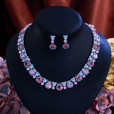 Top rosa rosso tennis collana ovale orecchini argento placcato zirconi sfilata set gioielli