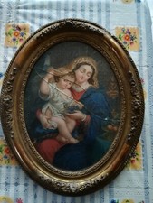 Quadro antico olio su vetro Con Tela  cornice Madonna bambino virgen 800 