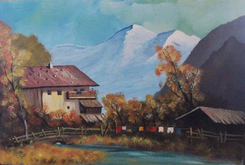 Aquarell hof mit wäscheleine - aquarell,