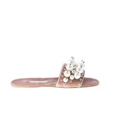 MIU MIU scarpe donna shoes Sandalo slide velluto rosa cameo perle e borchie