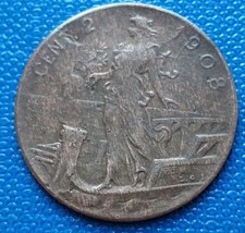 MONETA REGNO V.E.III 2 CENTESIMI PRORA 1908,RARA,RAME 1,97 GR, CONS.COME DA FOTO