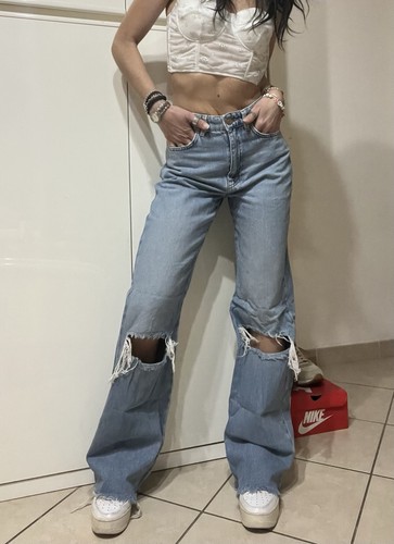 Jeans donna wide leg strappi - wide,