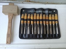 ?SET 12 PZ SGORBIE per INTAGLIO SCALPELLI SCALPELLINI UTENSILI LEGNO + MARTELLO