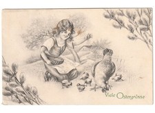 antica cartolina pasquale Primi '900 bambina cibo pulcini gallina Pasqua Ostern