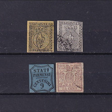 ANTICHI STATI PARMA 1852 - GIGLIO BORBONICO E SEGNATASSE  LOTTO 04 VALORI USATI