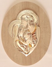 SACRA FAMIGLIA ARGENTO cm21x15 LEGNO cm29x23 QUADRO SACRO ICONE SACRE