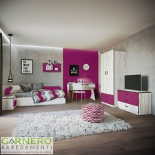 Cameretta bambini armadio letto bianco fucsia design scrivania mensola FORD