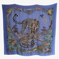Sciarpa vintage Y2K Hermes Jungle Love stampa leopardo seta blu, scialle safari carre