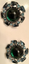 Orecchini grandi BIANCHI vintage VETRO CABOCHON e strass blu intenso verde clip