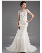 Abito da sposa a tromba/sirena scollo a scoop corte treno tulle pizzo con...