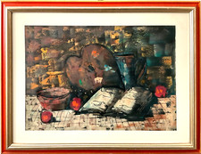 grande Dipinto natura morta astratto con frutta libro tavolozza Giuliani art900