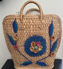 Borsa a tracolla NOS metà secolo vintage Messico tessuto rattan cesto paglia tote bag floreale
