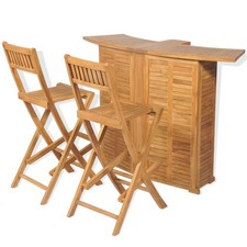 Set Bar Bistrot Teak Marrone 155x53x105cm Tavolo Pieghevole con 2 Sgabelli Foro Ombrellone