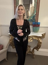 Cardigan JOHN GALLIANO vintage UK M due pezzi pizzo nero cami dettaglio ricamato