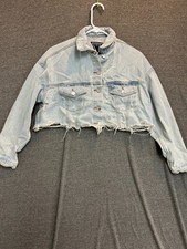 Giacca Trio Urban Trucker donna S/M blu denim grafica bottoni davanti orlo sfilacciato