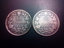 2  monete del Regno d'Italia - 10 centesimi 1866 e 1867 OM