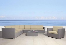 Divano rattan 10 posti grigio poltrona set giardino esterno tavolino vetro |2L