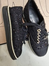 Sneakers Chanel nere con paillettes e plateau scarpe in tweed stringate perle 37,5 autentiche 