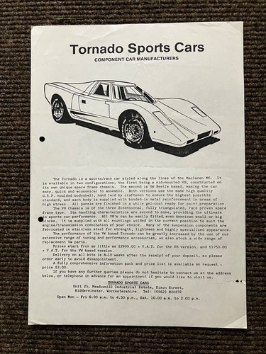 Kit tornado brochure - auto, 1986
