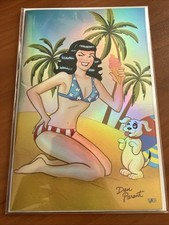 Fantasy World Bettie Page FOIL 4 luglio pin-up stelle righe bikini isola spiaggia
