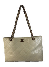 Borsa tote CHANEL pelle caviale legno catena pelle bianca vintage autentica G...