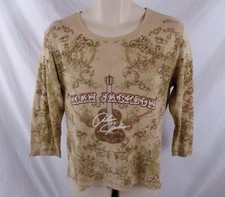 Alan Jackson Collection Womens Embellished Shirt Tan Brown Sz L Graphic CB70T