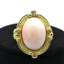 Anello con corallo rosa e diamanti in oro massiccio 18K vintage anni '70 Italia