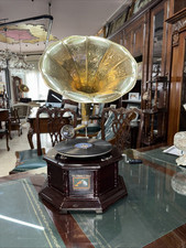 GRAMMOFONO OTTAGONALE ,DISCO ORIGINALE TROMBA A LAVORATA E 6 PUNTINE DI RICAMBIO