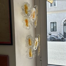 COPPIA APLIQUES 70s VETRO MURANO BIANCO ED AMBRATO ITALIAN DESIGN SCONCES