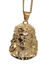 collana grumetta acciaio volto di gesu grande massiccio placcata oro giallo 18kt