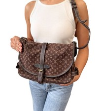 Borsa a tracolla doppia Louis Vuitton vintage monogramma idillio Saumur cotone marrone