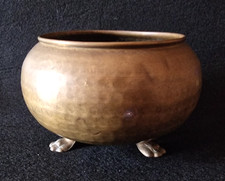 Portavaso fioriera rotonda in Ottone Martellato Cachepot Vaso Antica Vintage 