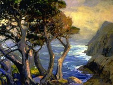 Dipinto olio alberi paesaggio in riva al mare A-Cool-Nebbia-Drifting-Franz-Bischoff art