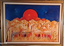 Originale olio su tela Gente di paese e Luna autore Mario Pinizzotto (Roma 1929)
