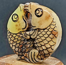 Vecchio ciondolo antico giada hetiana scultura pesci acquario artigianato cinese