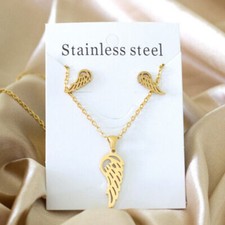 SET COLLANA CATENA CIONDOLO E ORECCHINI ALI D'ANGELO ORO IN ACCIAIO DONNA