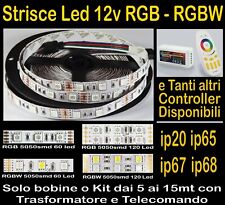 STRISCIA LED 12v RGB, RGBW Kit da 5 10 15 metri Strip, Trasformatori, Controller