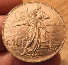 Moneta 10 Centesimi 1911 Cinquantenario,Vittorio Emanuele III,qFDC/FDC, Rif.8505