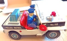 Litografia latta vintage "Police Jeep" di DAIYA, funzionante, Giappone, anni '60, ottima