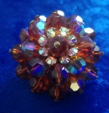 Bijou vintage BROCHE aurora borealis strass brillants reflets facettes orange